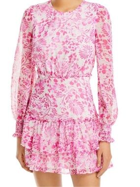 Aqua Pink Floral Tiered Long-Sleeve Dress